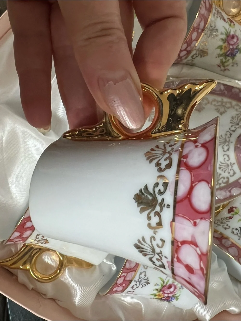 Pink and Gold Floral Porcelain Espresso Cup Set